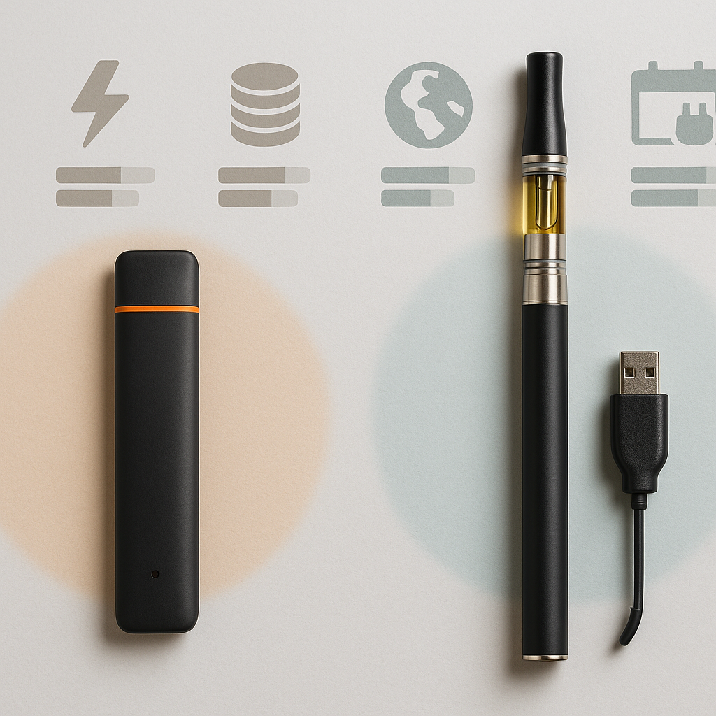 Studio flat-lay photo comparing a disposable THC vape stick and a rechargeable vape pen